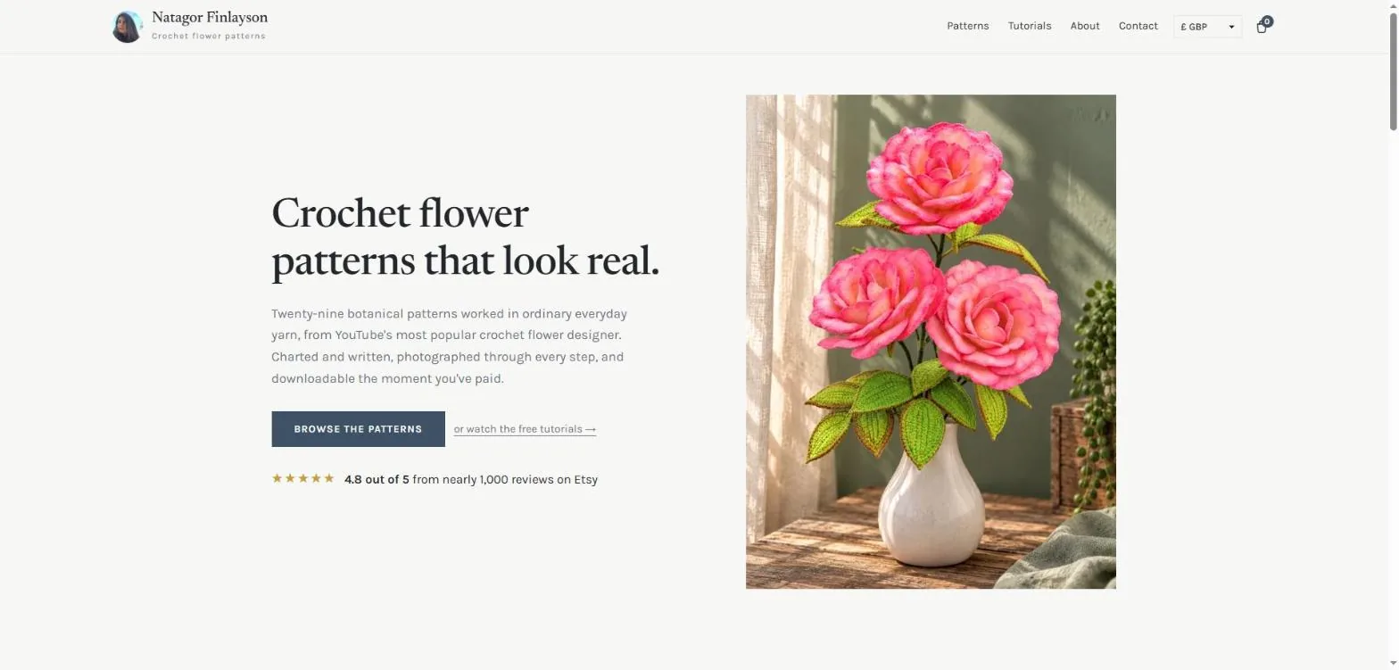Homepage of the crochet pattern store, showing a vase of crochet roses