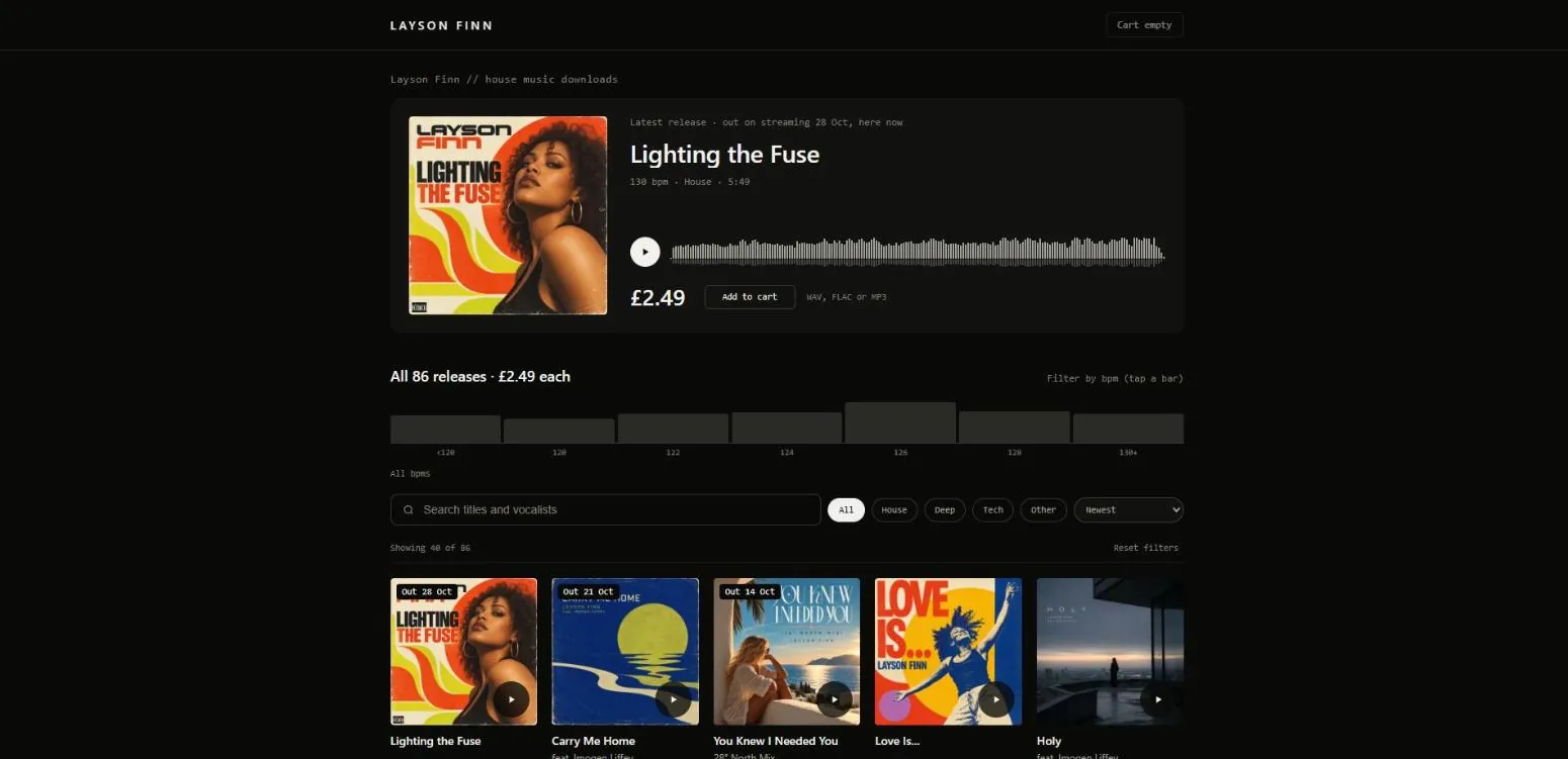 Homepage of the Layson Finn music store, showing the latest release with a play button and price